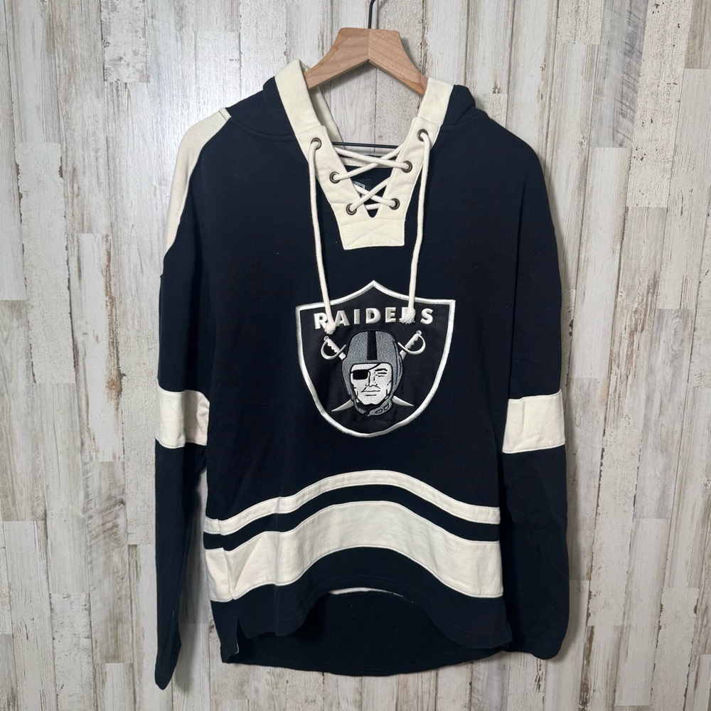 Las Vegas Raiders Black White Stripe Embroidered‎ Lace Up Hoodie Mens Small